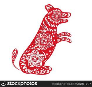 Red paper cut a dog zodiac and flower symbols
