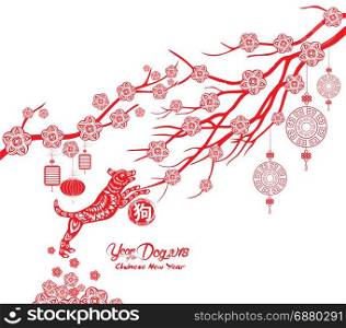 Red paper cut dog in frame and flower symbols (hieroglyph: Dog)
