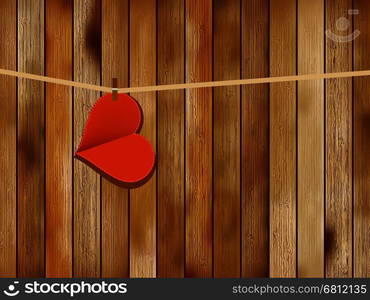 Red paper heart hanging on the clothesline with wood. + EPS10 vector file