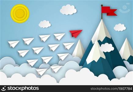 Red paper leader airplane flying on blue sky of business teamwork and one different vision. Business Financial concepts are competing for success and corporate goals. Vector illustration. Red paper leader airplane flying