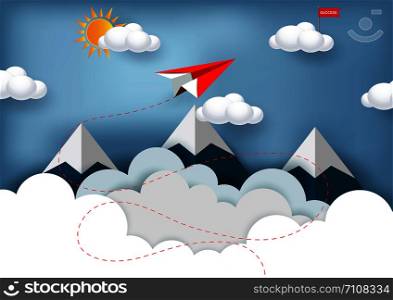 red paper plane are flying to the red flag target on cloud while flying above a mountains. business finance success. leadership. creative idea. startup. illustration cartoon vector