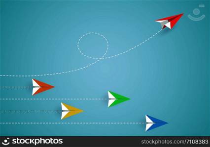 Red paper plane changing direction from paper airplane colourful. new idea. Different business concept. courage to risk. leadership. illustration cartoon vector