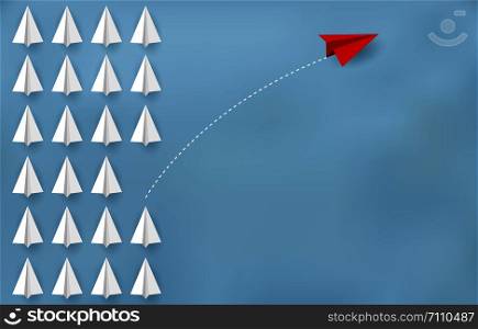 Red paper plane changing direction from white. New ideas. Different business concepts. Courage to risk. leadership. Vector illustrations