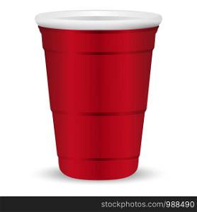 Red party cup realistic 3d vector illustration. Disposable plastic or paper container mockup for drinks and fun games isolated on white background.. Red party cup realistic 3d vector illustration.