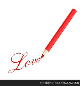 Red pencil and red love letter isolated on white background