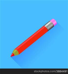 Red Pencil Isolated on Blue Background. Long Shadow.. Red Pencil