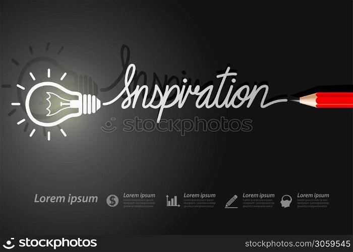 Red pencil write inspiration with light bulbs on background