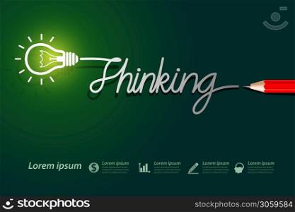 Red pencil write thinking with light bulbs on background