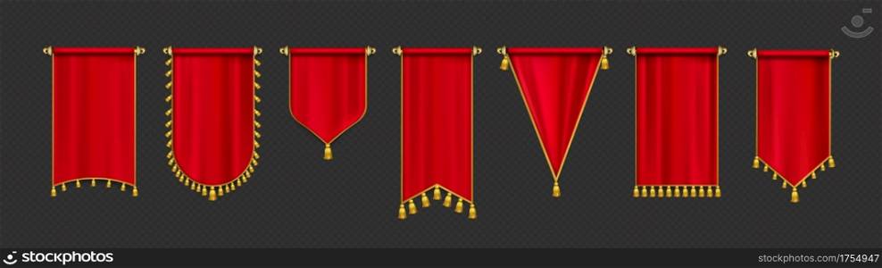 Red pennant flags mockup, blank hanging banners with golden tassels, rounded, concave, pointed and double edges. Medieval heraldic ensign templates, canvas. Realistic 3d vector icons isolated set. Red pennant flags mockup, blank hanging banners