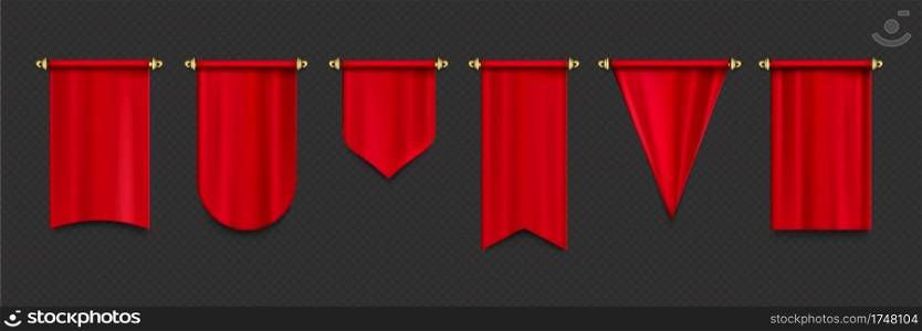 Red pennant flags mockup, blank hanging banners with rounded, concave, pointed and double edges. Medieval heraldic ensign templates. Realistic 3d vector icons set isolated on transparent background. Red pennant flags mockup, blank hanging banners
