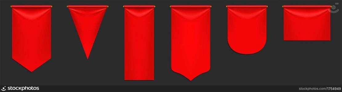 Red pennant flags mockup, blank hanging banners with rounded, pointed and straight edges. Medieval heraldic ensign template, scarlet canvas. Realistic 3d vector icons isolated on black background, set. Red pennant flags mockup, blank hanging banners