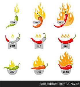 Red peppers. Labels for kitchen mid low and high level visualization stickers with hot red pepper spice food ingredients recent vector symbols. Illustration chili level pepper, icon hot spice. Red peppers. Labels for kitchen mid low and high level visualization stickers with hot red pepper spice food ingredients recent vector symbols collection