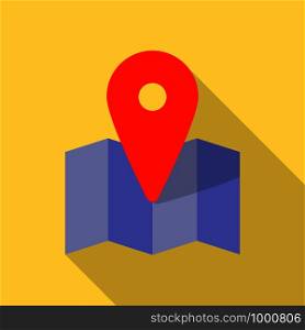 Red pin on purple map icon. Flat illustration of red pin on purple map vector icon for web design. Red pin on purple map icon, flat style