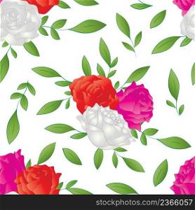 Red, pink, and white roses seamless pattern on white background. Vector illustration.