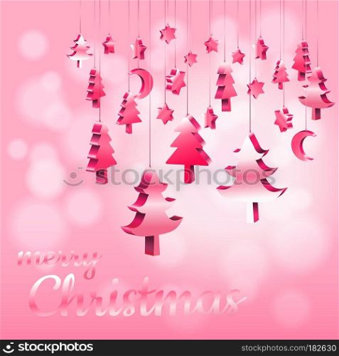 Red Pink pastel Christmas ornaments hanging rope in 3D isometric with bokeh blurry sweet pink background with copy space, Vector illustration EPS10