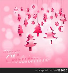 Red Pink pastel Christmas ornaments hanging rope in 3D isometric with bokeh blurry sweet pink background with copy space, Vector illustration EPS10
