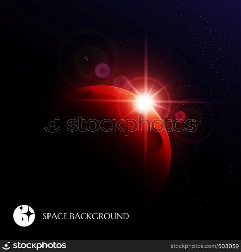 Red Planet and Flaring Star rising against cosmic landscape