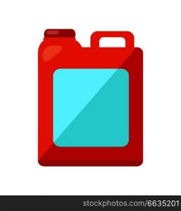 Red plastic jerry can with light blue square on it isolated vector illustration on white background. Container used to store and carry fuel. Red Jerry Can Isolated Illustration on White