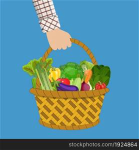 Red plastic shopping basket full of different healthy food. in hand. Grocery store. vector illustration in flat style. Red plastic shopping basket full