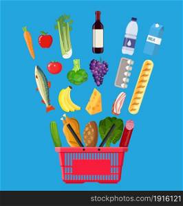Red plastic shopping basket full of groceries products. Grocery store. Fresh organic food and drinks. Vector illustration in flat style. shopping basket full of groceries products.