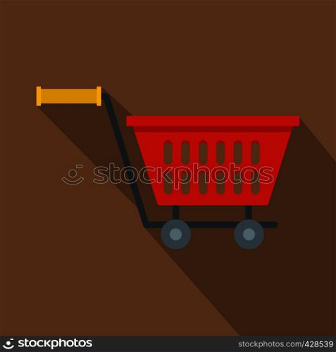 Red plastic shopping basket on wheels icon. Flat illustration of red plastic shopping basket on wheels vector icon for web isolated on coffee background. Red plastic shopping basket on wheels icon