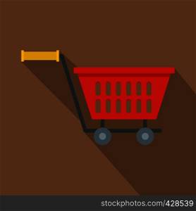 Red plastic shopping basket on wheels icon. Flat illustration of red plastic shopping basket on wheels vector icon for web isolated on coffee background. Red plastic shopping basket on wheels icon