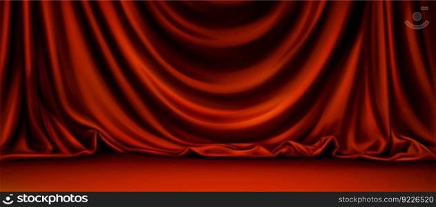 Red podium backdrop with elegant silk curtain. Fabric drape cover reveal show stage vector pattern. 3d closed theatrical vintage product platform. Luxury beauty satin soft flow textile material. Red fabric podium backdrop, elegant silk curtain
