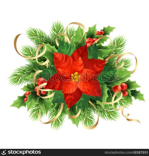 Red poinsettia flower Christmas illustration. Poinsettia flower, mistletoe berries, ivy, fir branches wreath. Christmas decoration with ribbons. Postcard floral design element. Isolated vector. Red poinsettia flower Christmas illustration
