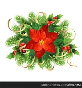 Red poinsettia flower Christmas illustration. Poinsettia flower, mistletoe berries, ivy, fir branches wreath. Christmas decoration with ribbons. Postcard floral design element. Isolated vector. Red poinsettia flower Christmas illustration