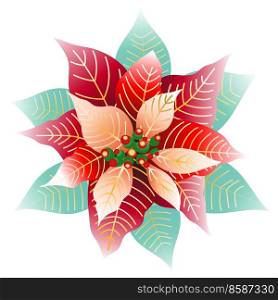 Red poinsettia flower with green leaves isolated on white background. Traditional Christmas flower