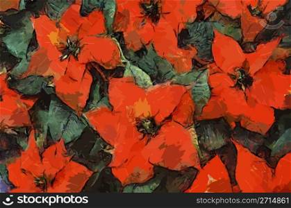Red Poinsettia Flowers with green leaves (Painting)