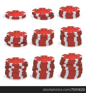 Red Poker Chips Stacks Vector. 3D Realistic Set. Plastic Poker Gambling Chips Sign Isolated On White Background. Casino Jackpot, Success Illustration.. Poker Chips Stacks Vector. 3D Set. Plastic Round Poker Gambling Chips Sign Isolated On White. Casino Jackpot Concept Illustration.