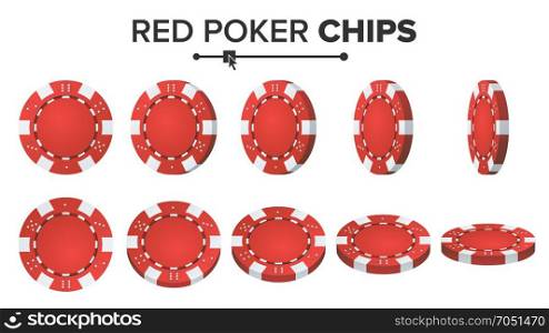 Red Poker Chips Vector. 3D Realistic Set. Plastic Poker Chips Sign Isolated On White Background. Flip Different Angles. Jackpot, Success Illustration.. Poker Chips Vector. 3D Set. Plastic Round Poker Chips Sign Isolated On White. Flip Different Angles