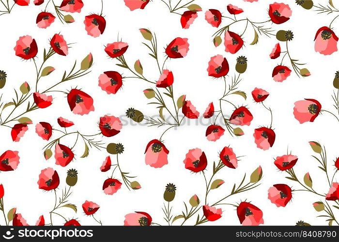 Red poppies and buds on a white background. Vector seamless pattern. For fabric, baby clothes, background, textile, wrapping paper and other decorations.