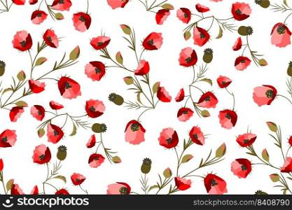 Red poppies and buds on a white background. Vector seamless pattern. For fabric, baby clothes, background, textile, wrapping paper and other decorations.