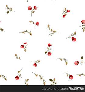 Red poppies are scattered on a white background. Vector seamless pattern. For fabric, baby clothes, background, textile, wrapping paper and other decorations.
