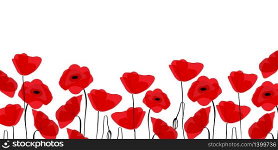 Red poppies in a row. Isolated on white background. Vector illustration. Red poppies in a row. Isolated on white background. Vector illustration.