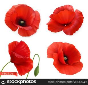 Red poppies. Papaver flowers 3d realistic vector icon set