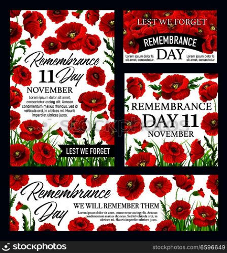 Red poppy flower Remembrance Day banner with Lest We Forget black ribbon. World War soldier and veteran memorial card with poppy flower frame for 11 November design. Red poppy flower Remembrance Day memorial banner