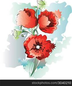 Red Poppy Flowers. Bright red poppy flowers illustration, decorative floral background.