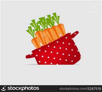 Red pot with carrots. Organic, diet, healthy food icon. Vector illustration.