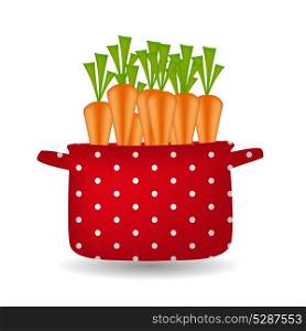 Red pot with carrots. Organic, diet, healthy food icon. Vector illustration.