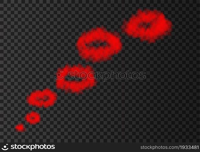 Red puff of smoke isolated on transparent background. Steam rings from smoking pipe special effect. Realistic vector rising circles of fog or mist texture .