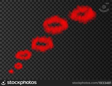 Red puff of smoke isolated on transparent background. Steam rings from smoking pipe special effect. Realistic vector rising circles of fog or mist texture .