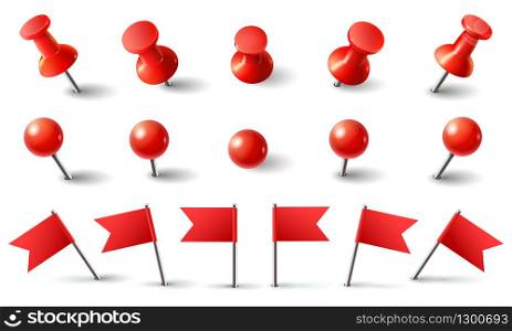 Red pushpin, flag and thumbtack. Isolated vector set. Red thumbtack, pushpin and needle marking, push button attach illustration. Red pushpin, flag and thumbtack. Isolated vector set
