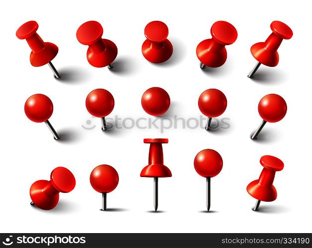 Red pushpin top view. Thumbtack for note attach collection. Realistic 3d push pins pinned in different angles isolated on white. Vector set. Red pushpin top view. Thumbtack for note attach collection. Realistic 3d push pins pinned in different angles vector set