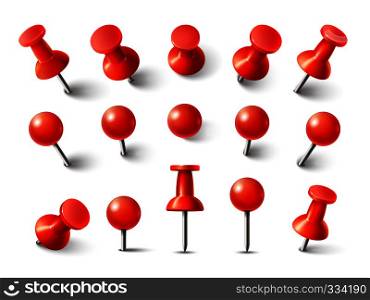 Red pushpin top view. Thumbtack for note attach collection. Realistic 3d push pins pinned in different angles isolated on white. Vector set. Red pushpin top view. Thumbtack for note attach collection. Realistic 3d push pins pinned in different angles vector set