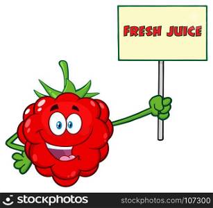 Red Raspberry Fruit Cartoon Mascot Character Holding A Sign With Text Fresh Juice