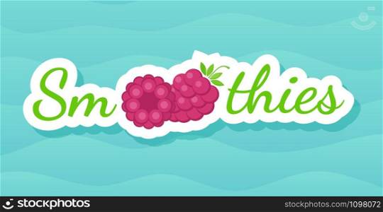 Red raspberry smoothie drink label logo vector illustration. Fresh vegetarian smoothie drink label with raw fruit and tag Smoothies for decoration emblem, sale offer banner or promo graphic poster. Red raspberry smoothie drink label vector logo