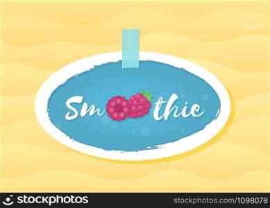 Red raspberry smoothie drink sticker vector illustration. Tasty natural fruit with hand drawn Smoothie sign in white frame at smoothies cocktail blue round sticker for shop decoration design,. Red raspberry smoothie drink sticker illustration